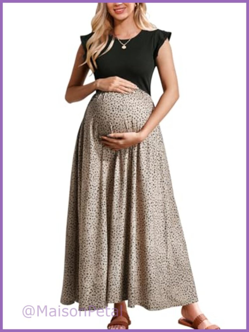 Maternity Maxi Dress Ruffle Sleeve Patchwork Pockets